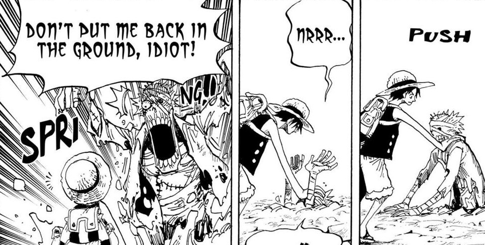 One Piece, with three panels featuring Luffy pushing a zombie back down into his hole. The third panel says: Don't put me back in the ground, idiot!